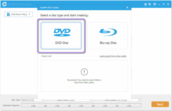 AnyMP4 DVD Cover Maker Disk Türünü Seçin
