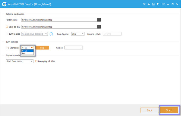 Anymp4 Dvd Creator Elija Ntsc y comience a grabar
