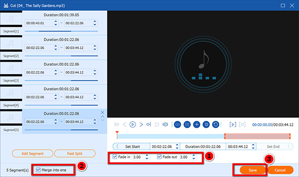 A música aumenta e diminui gradualmente até desaparecer.