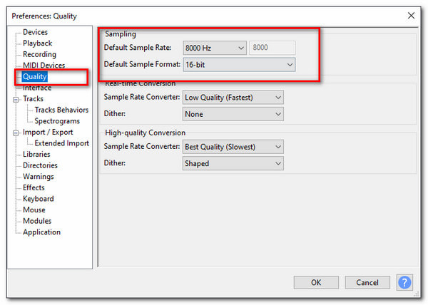 Frecuencia de muestreo de Audacity