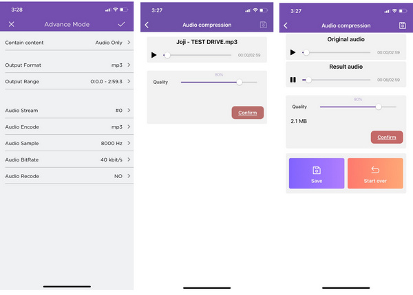 Compactar áudio nas configurações do aplicativo para iPhone Compactar Salvar