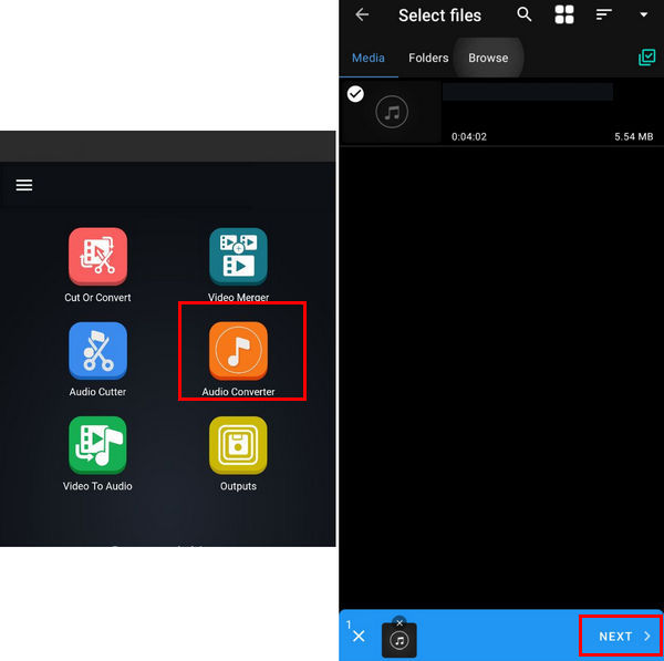 Komprimovat zvuk v rozhraní aplikace Android Vyberte Soubor