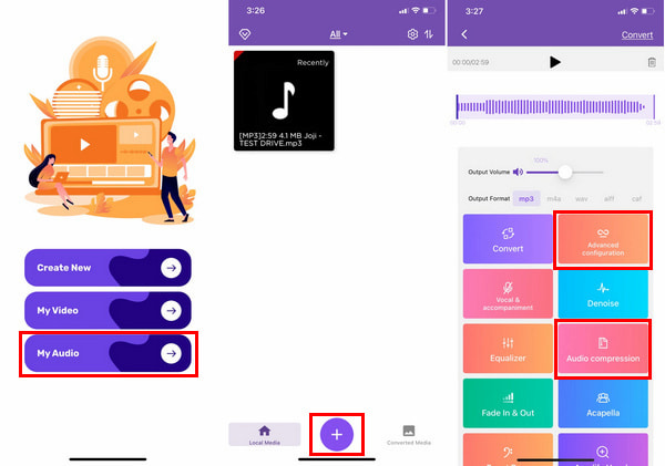 Comprimir áudio nos menus de importação da interface do aplicativo do iPhone