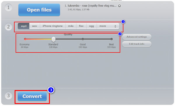 Komprimer lyd online Online Audio Converter-innstilling