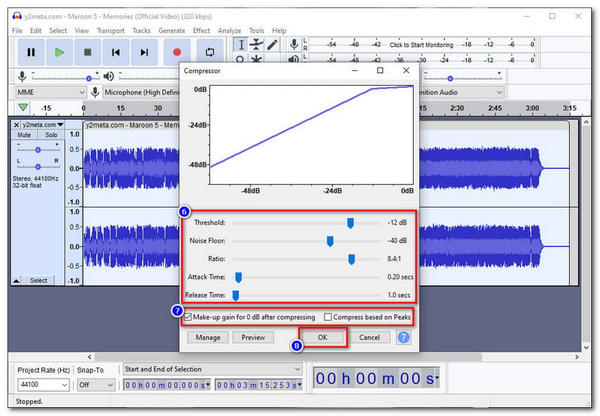 Audacity Upravte dynamický rozsah a uložte