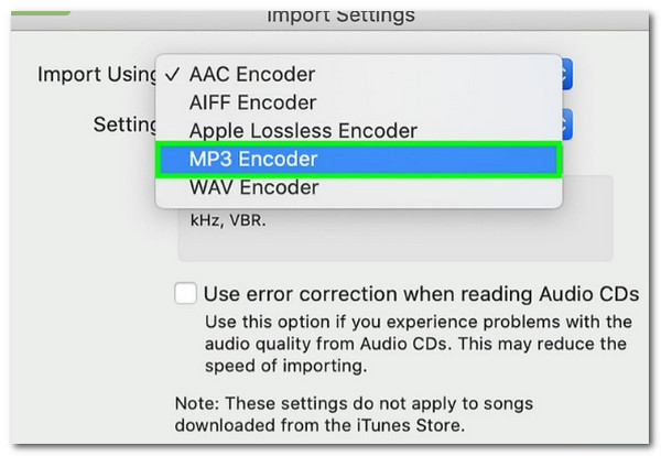 Codificador de MP3 de configurações de importação do Mac