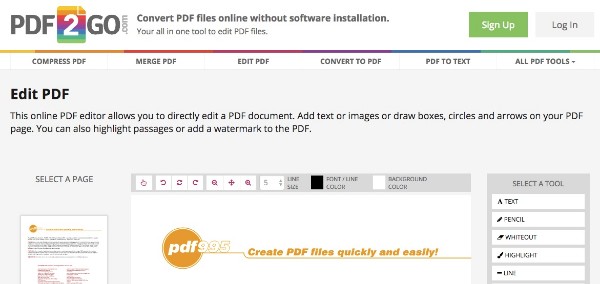 Muokkaa PDF-tiedostoa PDF2Go-ohjelmalla
