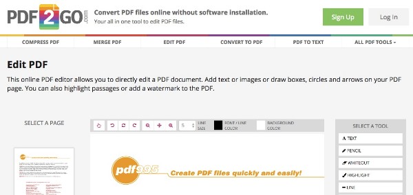 Rediger en PDF-fil med PDF2Go