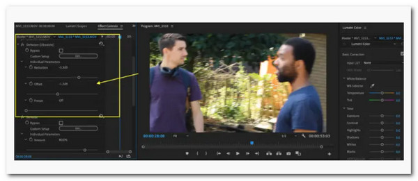 Controles deslizantes do Adobe Premiere Pro Denoise