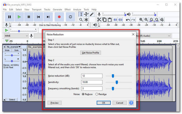 Audacity Ajustar Redução de Áudio