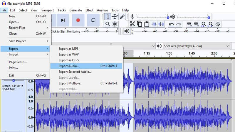 Áudio editado para exportação do Audacity