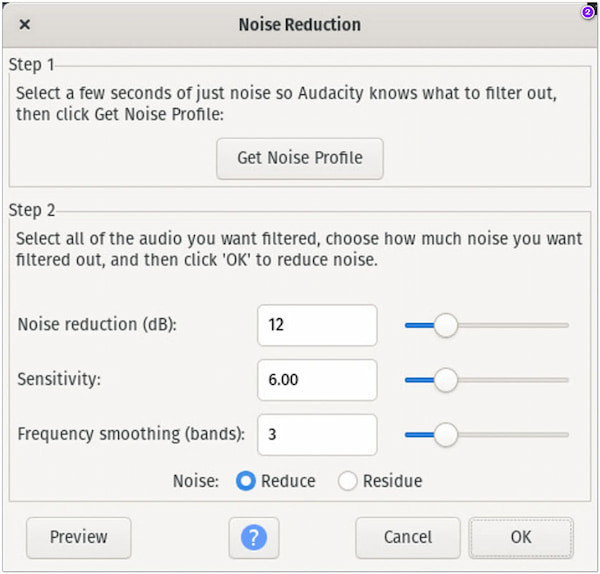 Riduzione del rumore Audacity