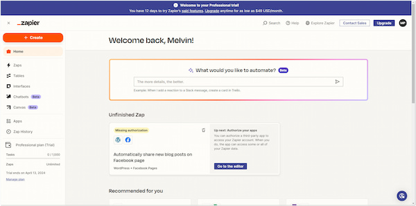 Zapier Interface