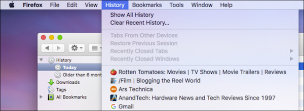 Možnost historie Firefoxu mac
