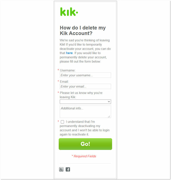 Excluir permanentemente a conta Kik