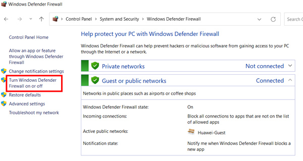 Disattiva Firewall