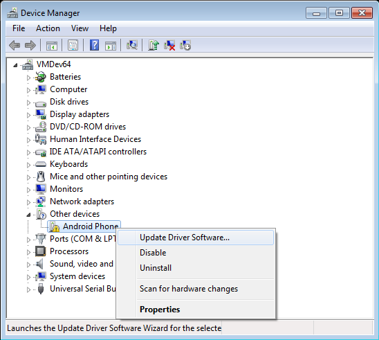 Instale o driver USB do Android manualmente