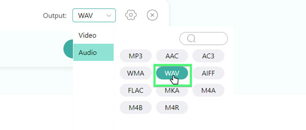 Selecione o formato de saída WAV AS