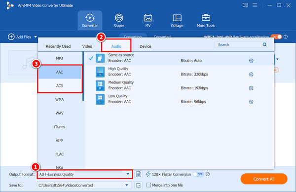 Set Output Format AAC AC3