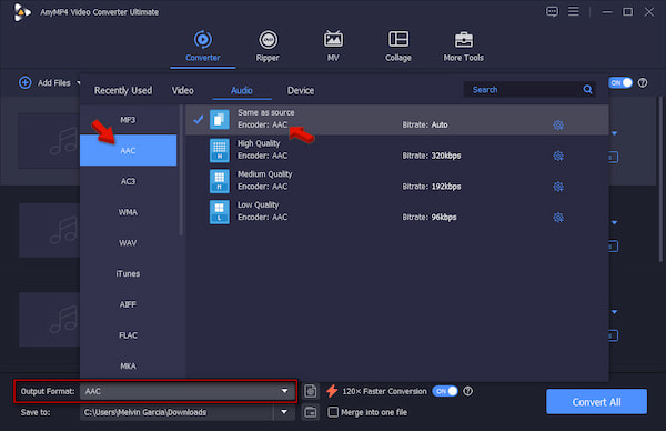 Set Acc As Target Format In Anymp4 Video Converter Ultimate