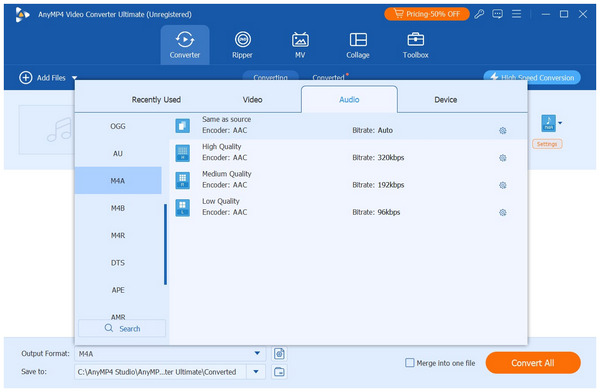 Anymp4 Video Converter Ultimate M4a Output Format