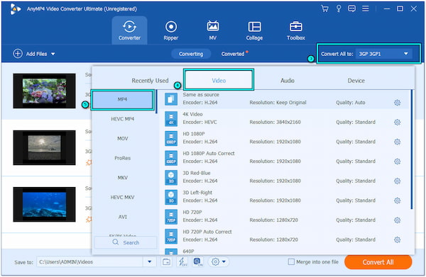 Seleziona MP4 come output più recente