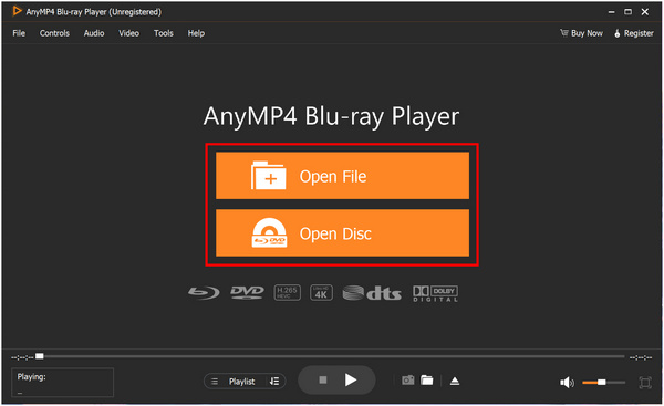 AnyMP4 Blu-ray-afspiller Åbn fil Åbn disk