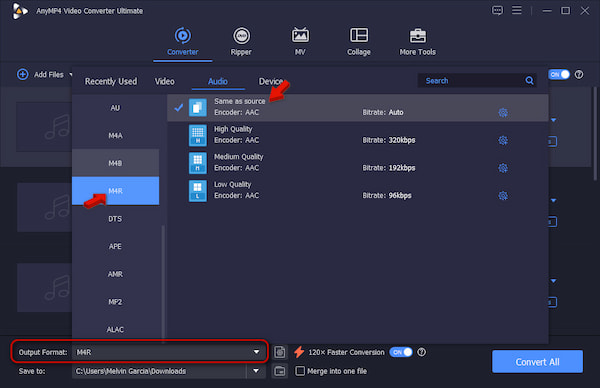 Set M4R as Target Format in AnyMP4 Video Converter Ultimate