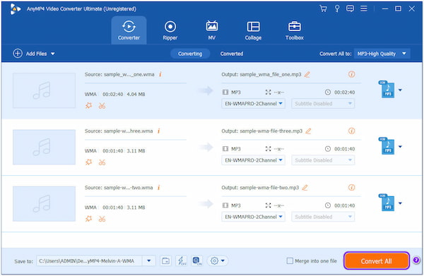 Start de conversie van WMA naar MP3