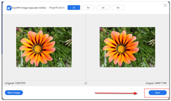 AnyMP4 Image Upscaler Online Melhore a imagem Clique em Salvar