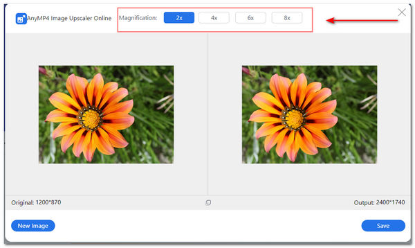 AnyMP4 Image Upscaler Online Képjavítás Válassza a Nagyítás lehetőséget