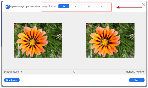 AnyMP4 Image Upscaler online Migliora l'ingrandimento della selezione dell'immagine