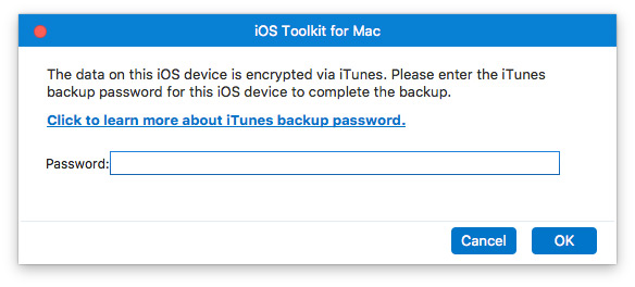 Ingrese la contraseña de copia de seguridad de iTunes Mac