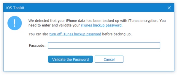 Inserisci la password di crittografia iTunes