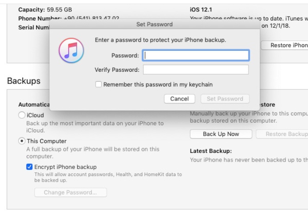 Vytvořte šifrování hesla pro zálohování iTunes