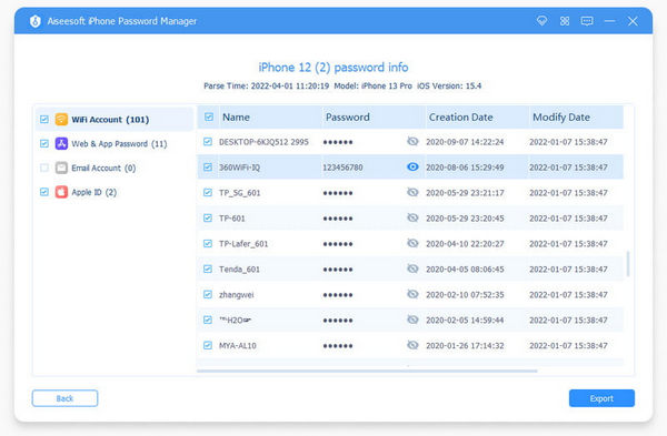 Aiseesoft iPhone Password Manager Kontrollera skannat lösenord