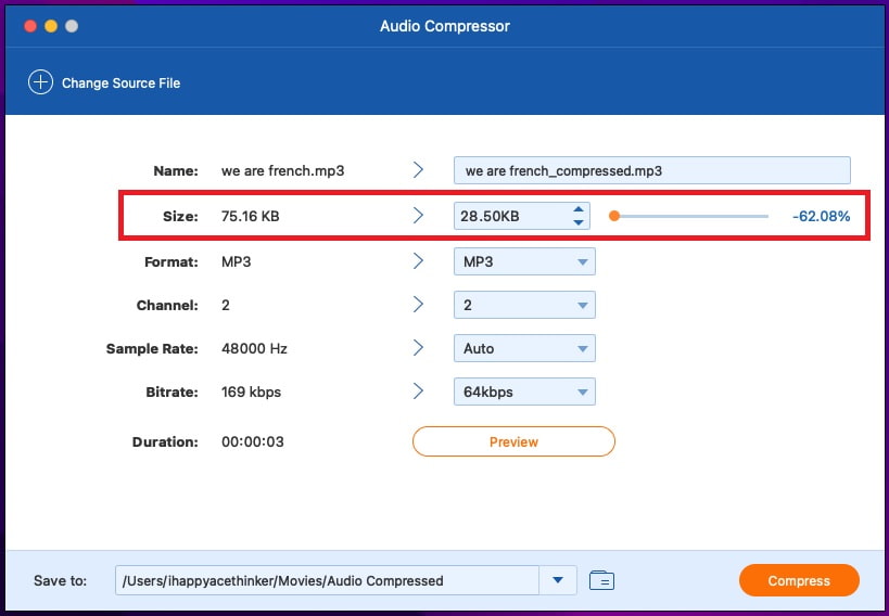 Compresión de audio en tamaño alternativo de MATLAB