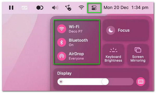 Mac Control Center Přepínání Wifi a Bluetooth