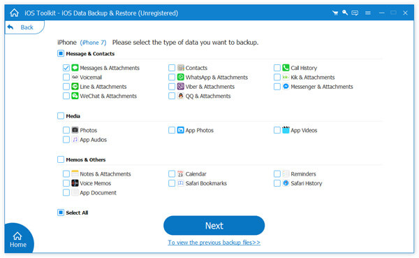 Selecionar dados para backup