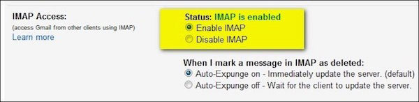 IMAP engedélyezése
