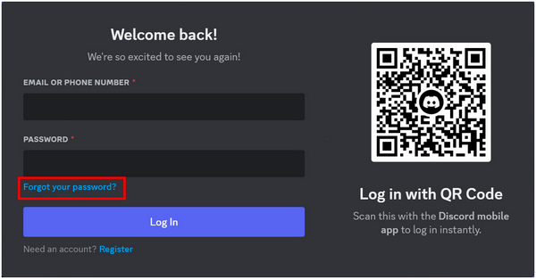 Tlačítko Discord Forgot Password