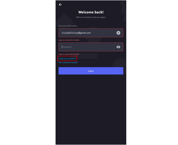 Pulsante Discord Mobile Password dimenticata