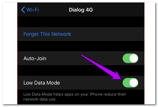 IOS Dialoogvenster 4G Low Data-modus