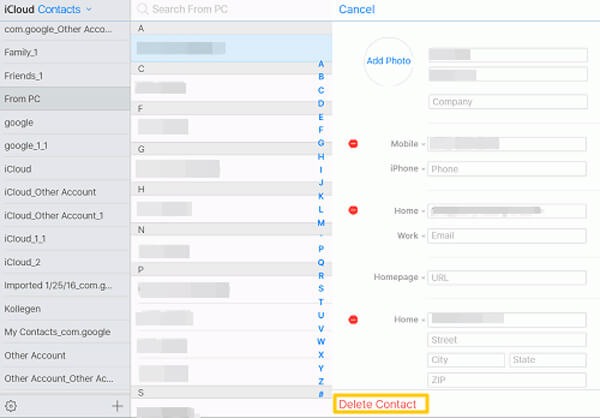 iCloud Modifica Elimina contatti