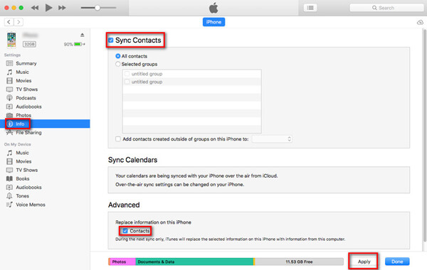 Transfer contacts with iTunes