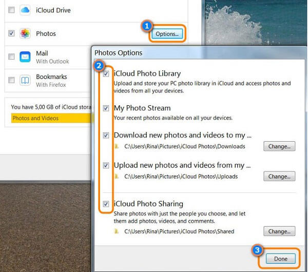 Opciones de fotos de iCloud