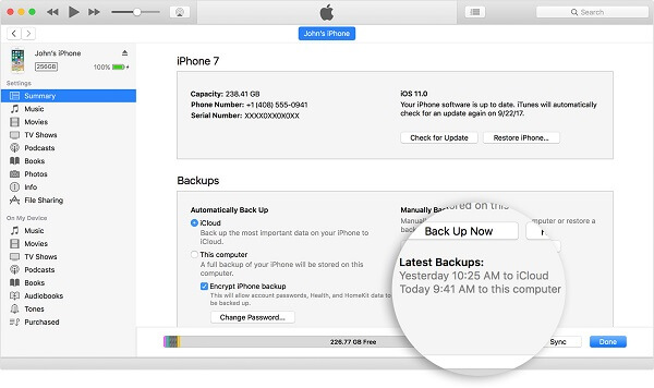 MacOS iTunes12-7 Backup sommario di iPhone7