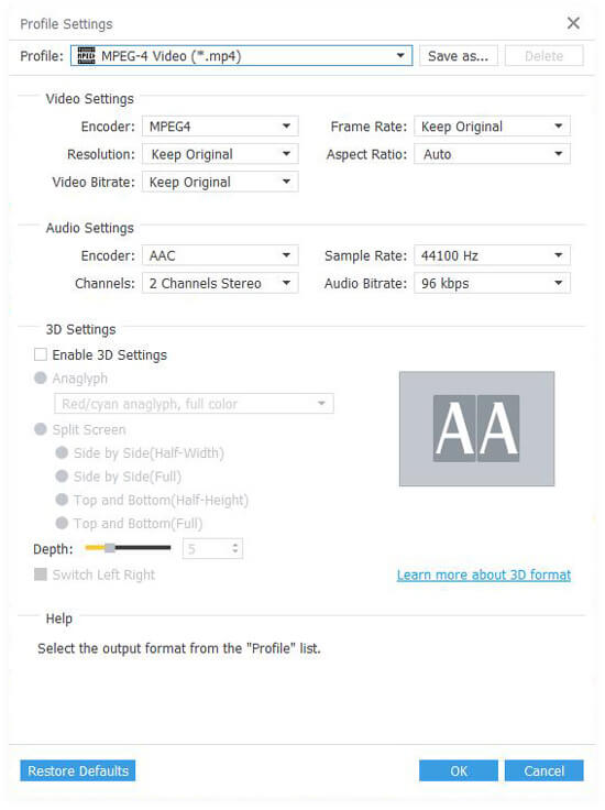 Define the output settings