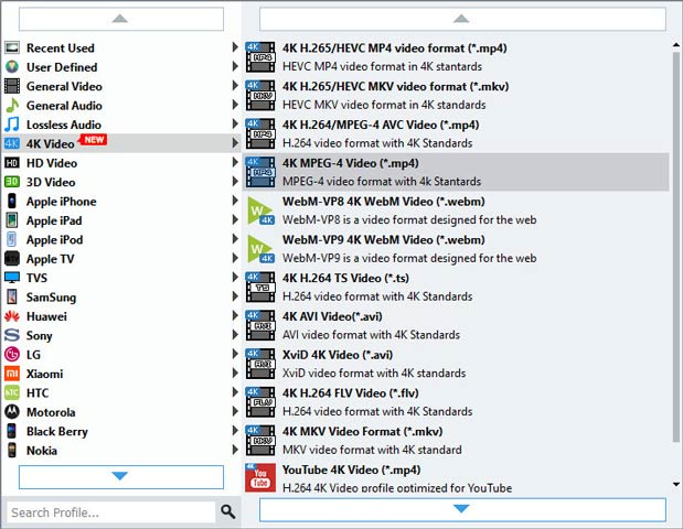 Select Profile Output Screen