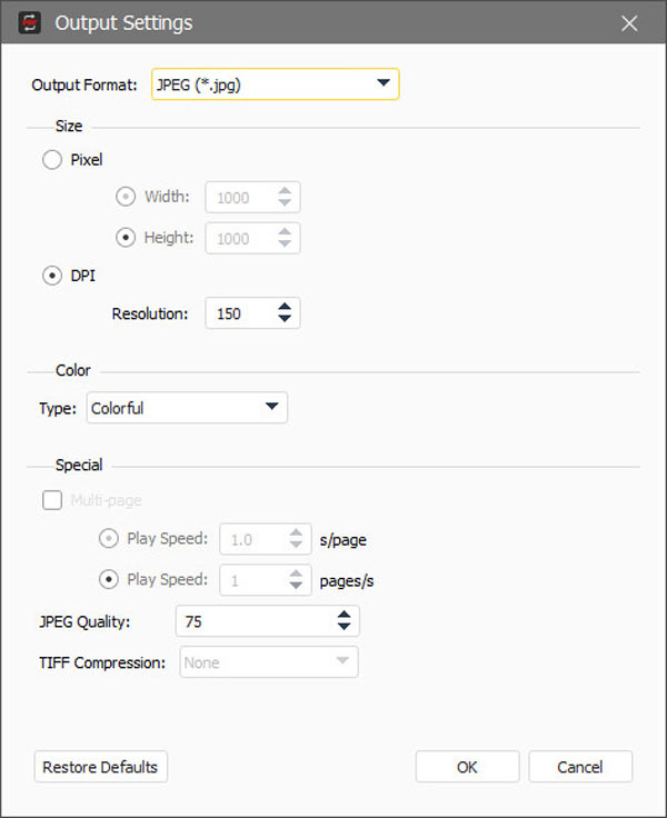 Configurações de conversão de PDF